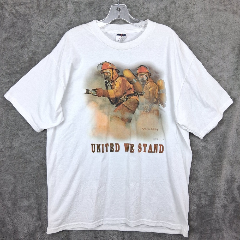 Vintage Jerzees Firefighter United We Stand T-Shirt XL White Charles Freitag
